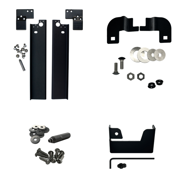 Collection of black metal brackets and fasteners on a white background