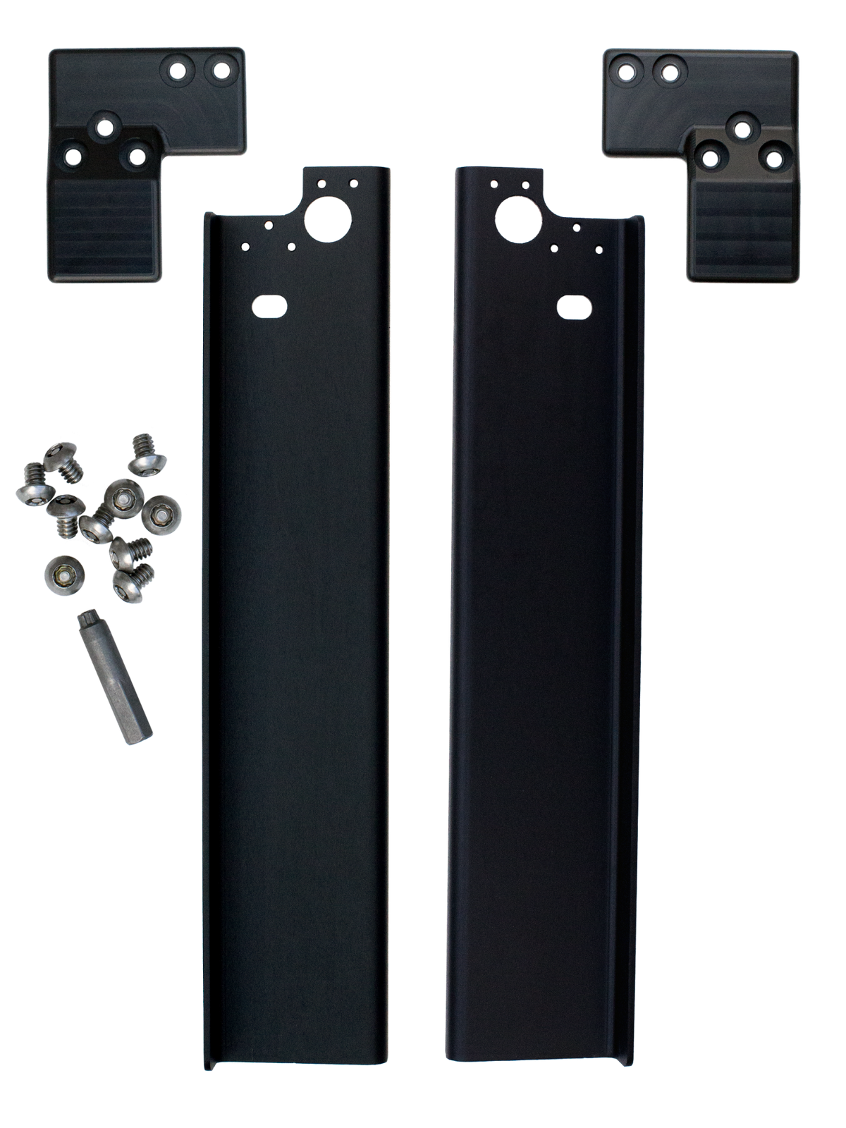Black metal brackets and screws on a white background