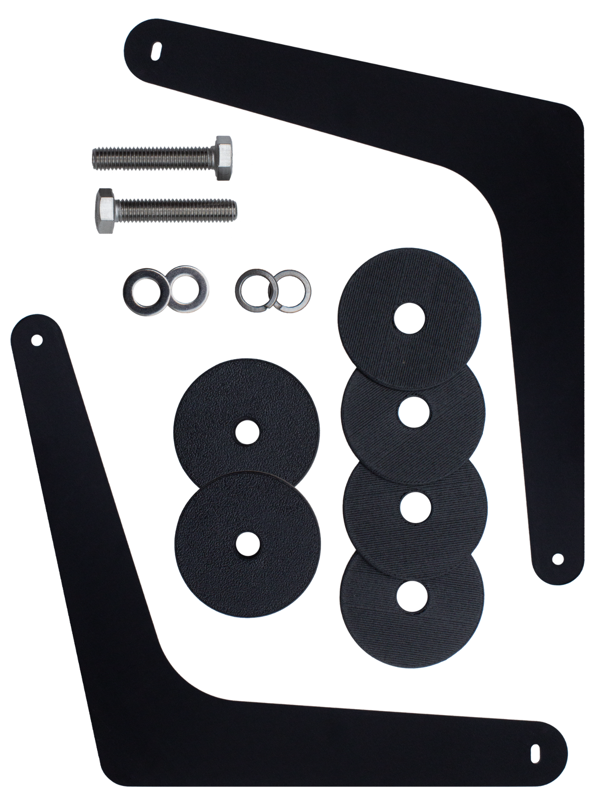 Black brackets, black plastic discs and bolts and washers on a dark background