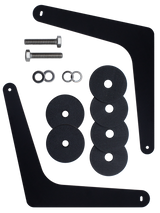 Black brackets, black plastic discs and bolts and washers on a dark background
