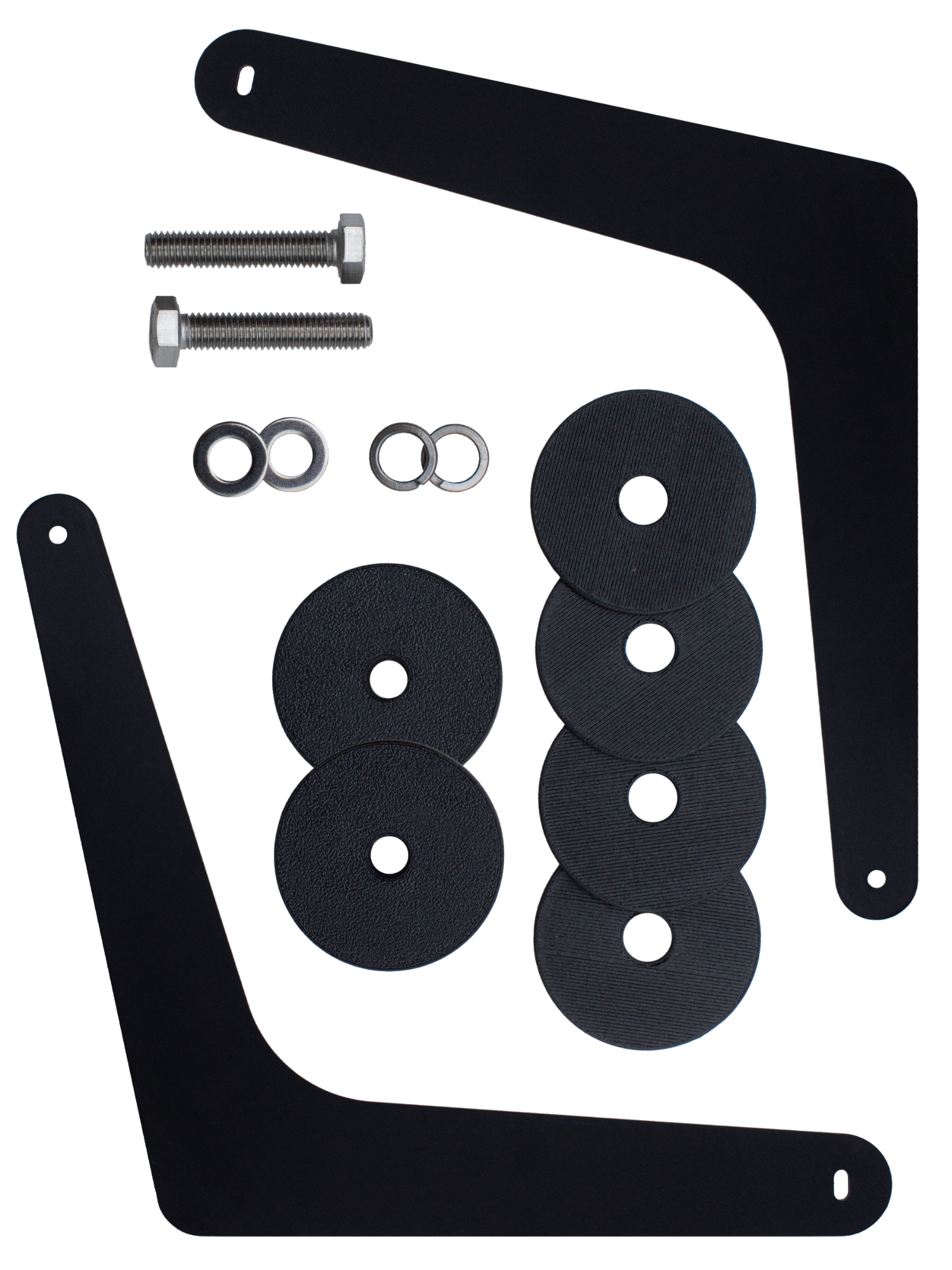 Black brackets, black plastic discs and bolts and washers on a dark background